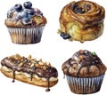 Watercolor vector pastry treats with cream, nuts, raisins, seeds on top.