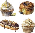 Watercolor vector pastry treats with cream, nuts, raisins, seeds on top.