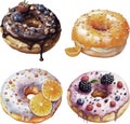 Watercolor glazed sweet set of donuts with berries, on white background.