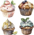 Watercolor sweet set of tasty cupcakes with cream, syrup, lime and juicy berries.