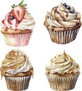 Watercolor collection of sweet different type cupcakes with berries, isolated on white background.