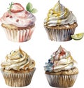 Watercolor cupcakes collection, different type, shape of cupcakes. Sweet tasty food illustration