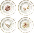 Watercolor vector set of white plates with autumn ornament and golden borders, tableware for the home, on a white background Royalty Free Stock Photo