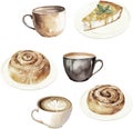 Watercolor autumn food collection, pumpkin pie, cinnamon bun, coffee, isolated on white background.