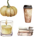 Watercolor vector fall mood collection of pumpkin, coffee latte paper cup, books, candle on white background Royalty Free Stock Photo