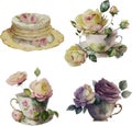 Watercolor vector vintage yellow, pink, purple bouquet of roses in teacup and plates, on white background