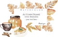 Watercolor vector autumn floral banner with golden dried leaves, flowers, fall essential - leaf frame borde.