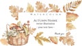 Watercolor vector autumn floral banner with golden dried leaves, flowers, fall essential - leaf frame borde. Royalty Free Stock Photo