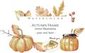 Watercolor vector autumn banner with pumpkin, treats, and leaves isolated on white background. Royalty Free Stock Photo