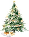 Watercolor Merry Christmas illustration with decorated christmas tree, presents. Royalty Free Stock Photo