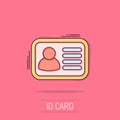 Id card icon in comic style. Identity badge vector cartoon illustration pictogram. Access cardholder people business concept