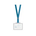 ID card in plastic rectangular holder with blue neck lanyard. Employees identification badge template. Flat design