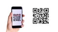 Id qr. Hand holding mobile smartphone screen for online pay, scan barcode technology with qr code scanner on digital Royalty Free Stock Photo