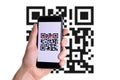 Id qr. Hand holding mobile smartphone screen for online pay, scan barcode technology with qr code scanner on digital Royalty Free Stock Photo