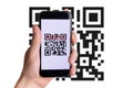 Id qr. Hand holding mobile smartphone screen for online pay, scan barcode technology with qr code scanner on digital Royalty Free Stock Photo