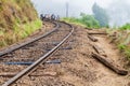 IDALGASHINNA, SRI LANKA - JULY 16, 2015: Workers maintain a railway track between Idalgashinna and Haputal