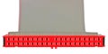 IDE connector plug in red, flat grey ribbon interface cable for PC computer HDD hard drive, large detailed isolated horizontal