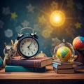 Idea back to school. Ready for school concept background with books, alarm clock and accessories close up, selective focus, Royalty Free Stock Photo