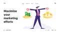 Idea Bring Money Website Landing Page. Businessman Hold Gold Weights with Stack of Coins and Banknotes