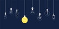 Idea bulb banner. Innovations thinking, creative science or business think. Different light bulbs hang on rope Royalty Free Stock Photo