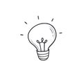 Idea bulb light doodle. Light lamp bulb hand drawn sketch style icon. Creative, idea think doodle drawn concept