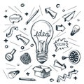 Idea and business startup concept. Vector hand drawn sketch illustration. Creative light bulb doodle print design Royalty Free Stock Photo