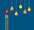 Idea choosing man ladder touching lamp business vector flat