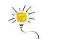 Idea concept with light bulb made out of yellow crumbled paper ball and drawn black lines Royalty Free Stock Photo