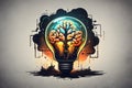 Idea concept with light bulb and tree in the shape of brain Royalty Free Stock Photo