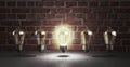 Idea concept with row of light bulbs and glowing bulb 3d illustration Royalty Free Stock Photo