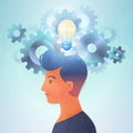 Idea concept vector illustration with glowing and elevating light bulb above man portrait over gears background Royalty Free Stock Photo