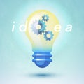 Idea concept vector illustration with glowing and elevating light bulb and gears inside