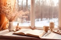 idea of coziness, hygge, home comfort. Snowy forest outside window. Coffee, scarf and notebook. mockup