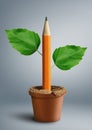 Idea creative concept, pencil with leaves grow from pot