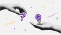 Idea creativity problem solution. Innovation concept question answer thinking brainstorming hands halftone background Royalty Free Stock Photo