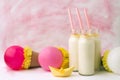 Idea decoration for baby shower party on table. Milk bottles and ballons, waiting for a baby girl