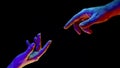 Idea of earth creation. Hands reaching out, pointing finger together on black and neon colorful light. Man and woman