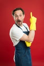 Idea for easy cleaning. Bearded guy cleaning home. Bearded worker. On guard of cleanliness. Cleaning service and Royalty Free Stock Photo