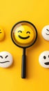 The idea of feedback analysis and enhancing user experience, highlighted by a magnifying glass focusing on a happy face
