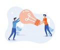 Idea finding illustration. Characters standing near light bulbs and celebrating success. People generating creative business ideas