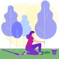 Woman Plants Tree in Park. Vector Illustration.