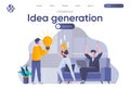 Idea generation landing page with header. Students discussing new project, startup team meeting and brainstorming in office scene