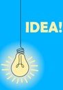 Idea. Glowing lamp card. Light bulb hanging on wire. Creative inspiration and insight. Searching solution. Lightbulb Royalty Free Stock Photo