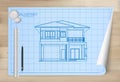 Idea of house on blueprint paper background. Architectural drawing paper on wooden texture background. Vector Royalty Free Stock Photo