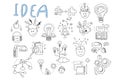 Idea icons set. Rocket, puzzles, rotating gears, open book, pens, human head, magnifying glass, calculations, lamp with