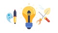 Idea implementation and problem-solving with lightbulb and tools, vector design Generative AI Royalty Free Stock Photo