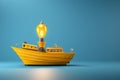 Idea inception, 3D rendering of a yellow boat and light bulb Royalty Free Stock Photo