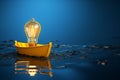 Idea inception, 3D rendering of a yellow boat and light bulb Royalty Free Stock Photo