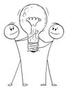 Idea, Two Men or Businessmen Holding Light Bulb. Vector Cartoon Stick Figure Illustration Royalty Free Stock Photo