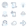 Idea, International love and Communication icons set. Shower, Next and Checkbox signs. Vector